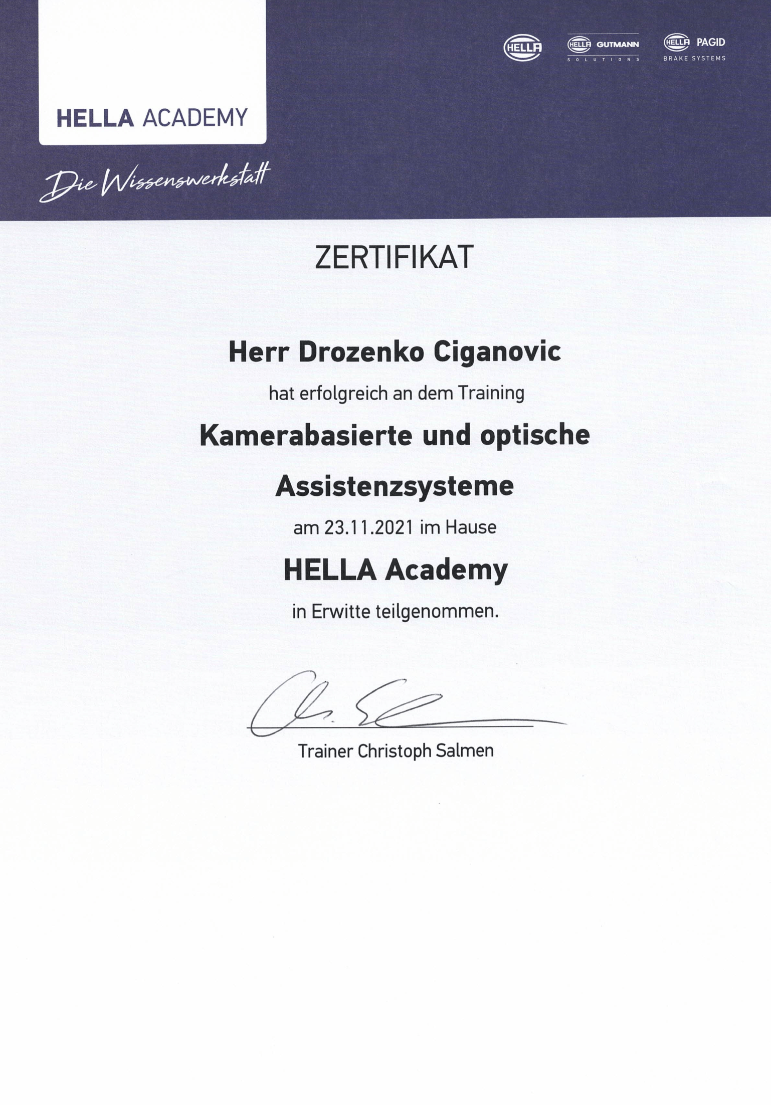 auto_tec-HellaAcademy_Kamerabasierte-und-optische-Assistenzsysteme ADA InVivo Zertifikat nach DIN EN ISO/IEC 17024 für Drazenko Ciganovic als Sachverständiger für KFZ-Schäden und -Bewertung bei auto-tec in Aachen