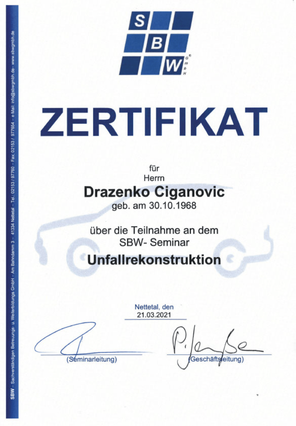 auto_tec-SBW_Zertifikat-Unfallrekonstruktion HELLA Academy Zertifikat für Drazenko Ciganovic über laser- und radarbasierte Assistenzsysteme als Fachnachweis für Kfz-Sachverständigenleistungen bei auto-tec