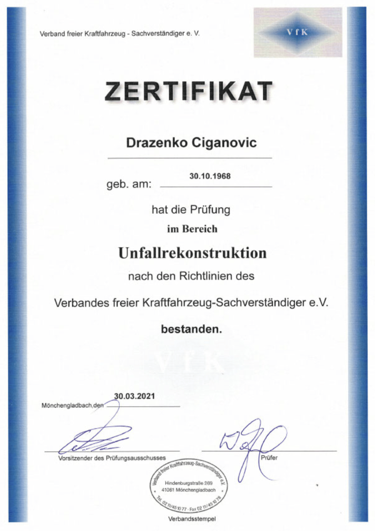 auto_tec-Verein-freier-kfz-sachverständiger_Unfallrekonstruktion_Zertifikat HELLA Academy Zertifikat für Drazenko Ciganovic über laser- und radarbasierte Assistenzsysteme als Fachnachweis für Kfz-Sachverständigenleistungen bei auto-tec
