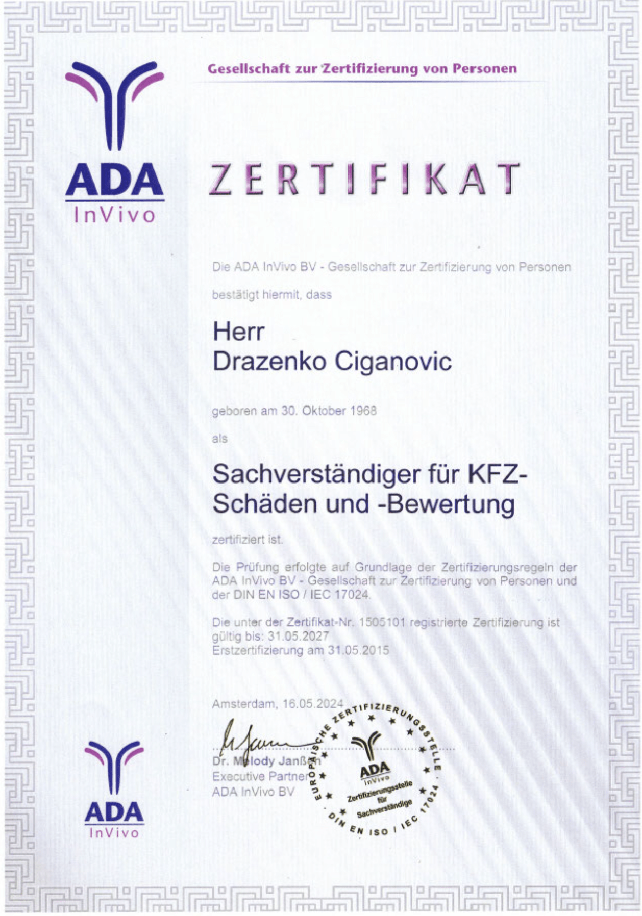auto_tec_ADA_InVivo_DIN-EN-ISO:IEC-17024 ADA InVivo Zertifikat nach DIN EN ISO/IEC 17024 für Drazenko Ciganovic als Sachverständiger für KFZ-Schäden und -Bewertung bei auto-tec in Aachen